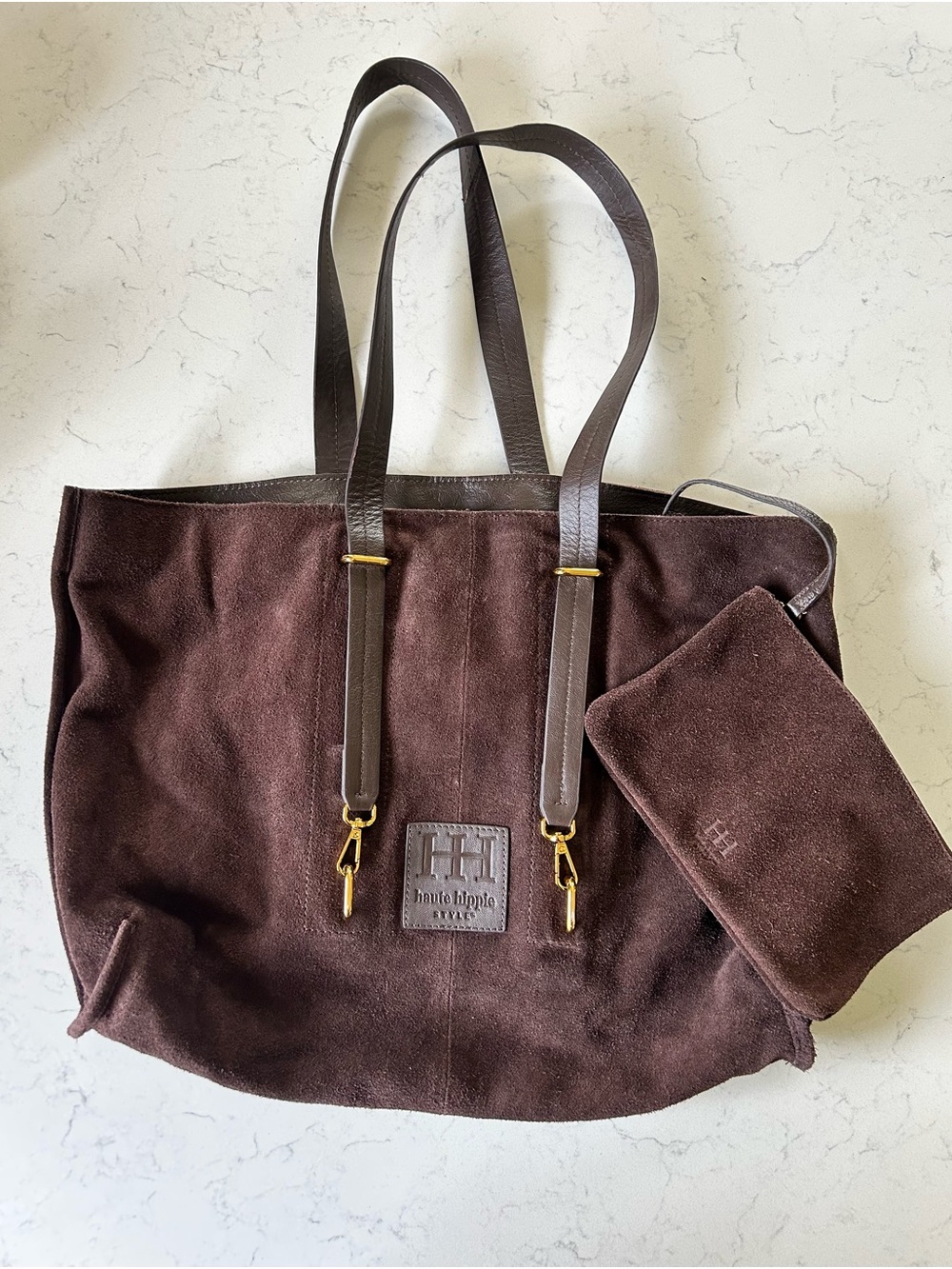 Haute Hippie Suede Leather Tote Shoulder Bag & Wallet in Dark Chocolate Brown - Picture 3 of 16